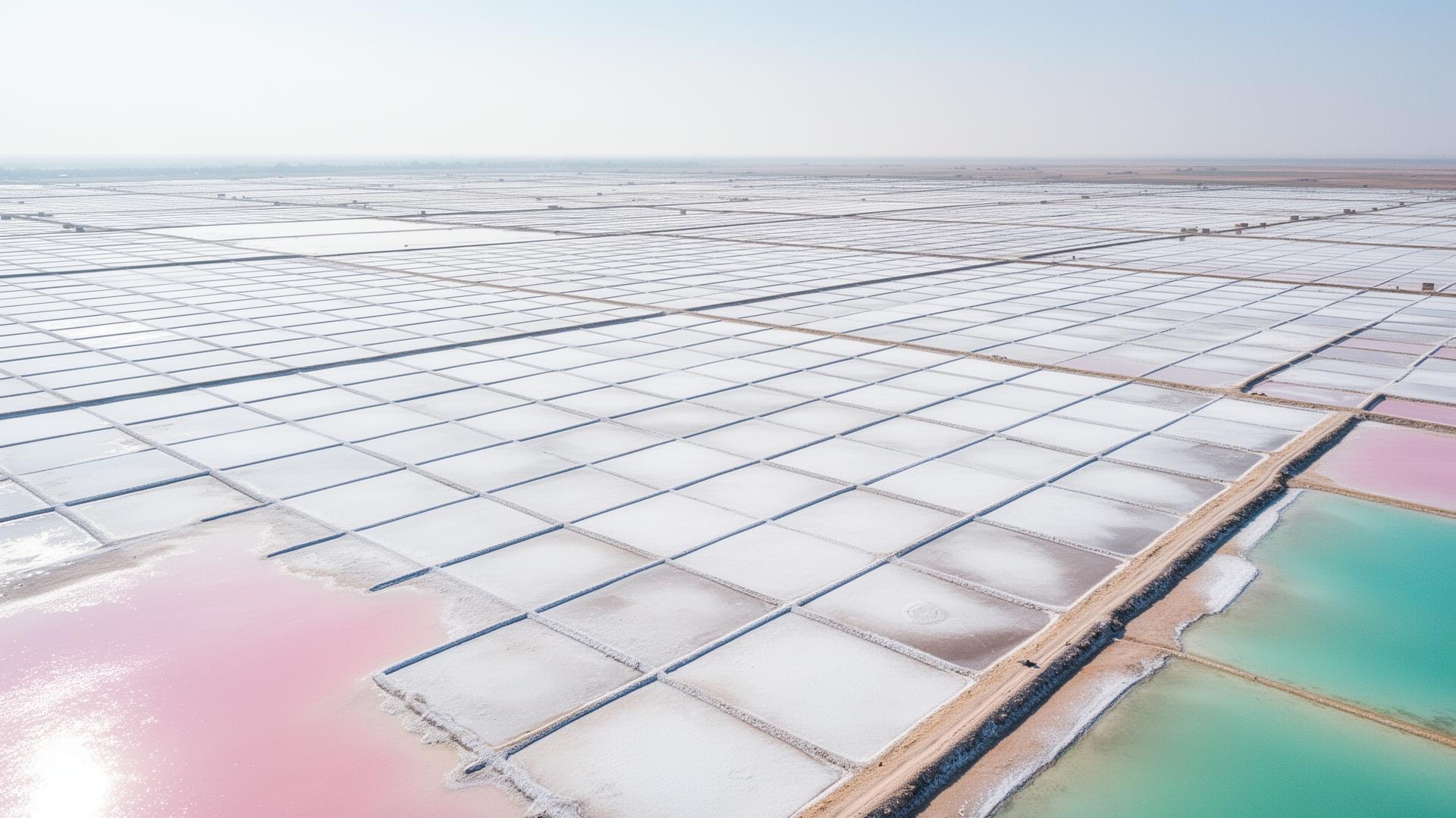 Aerial view of geometric salt evaporation pans in Kutch, India
